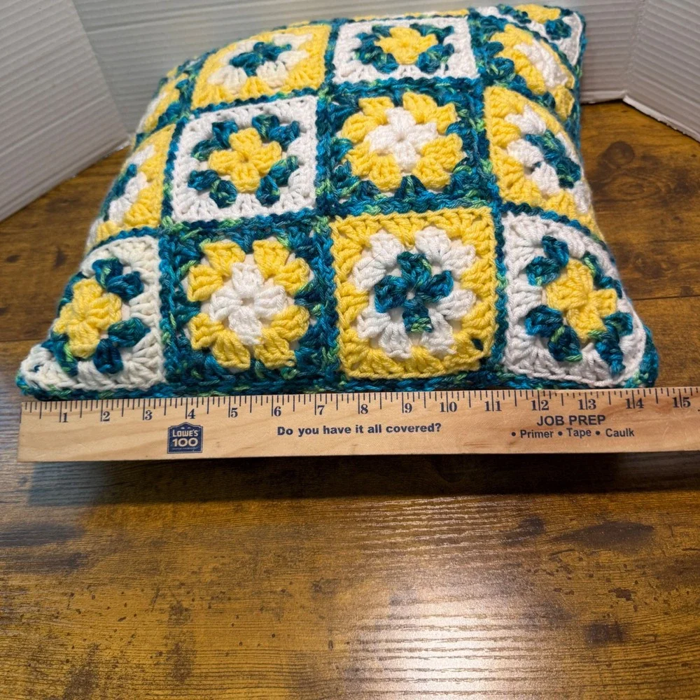 Handmade Crochet Granny Square Throw Pillow Yellow Teal White Boho 14x14 Cottage